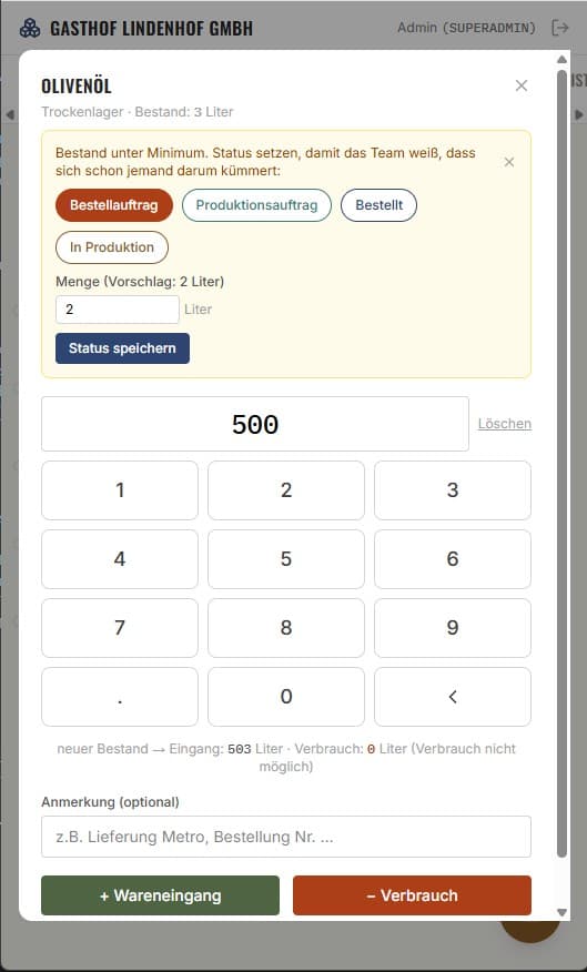 Lagerapp Buchungsdialog mit Statusoptionen wie Bestellauftrag und Mengeneingabe