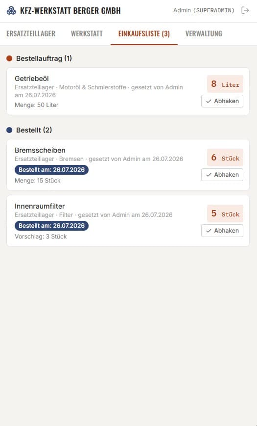 Lagerapp Einkaufsliste der KFZ-Werkstatt mit Bestellaufträgen nach Status gruppiert