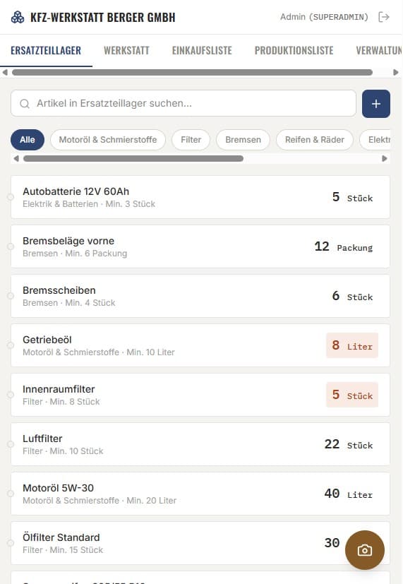 Lagerapp Ersatzteillager einer KFZ-Werkstatt als zweiter, getrennter Mandant
