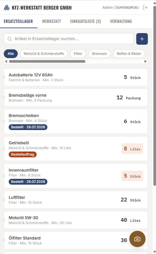 Lagerapp Ersatzteillager der KFZ-Werkstatt mit Bestellstatus direkt in der Listenansicht
