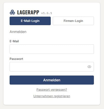 Lagerapp Login-Maske mit E-Mail- und Firmen-Login